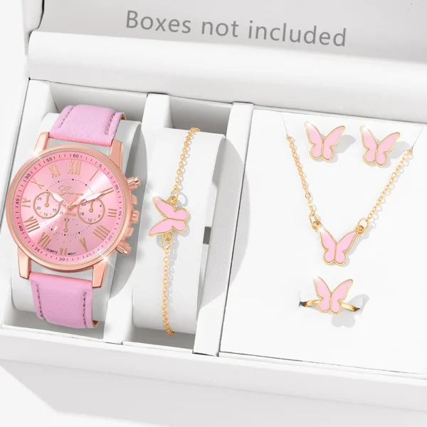 6 Pcs Women's Pink Quartz Watch Set